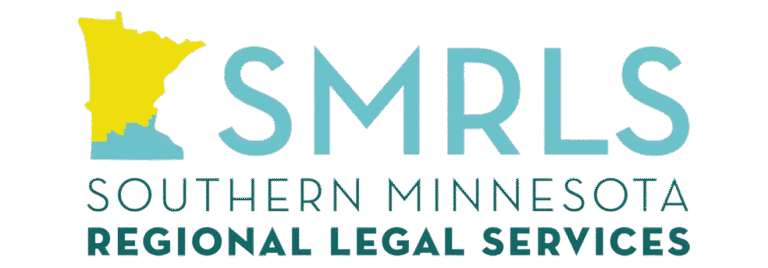 Logo of Southern Minnesota Regional Legal Services (SMRLS) with a yellow and blue map of Minnesota on the left, highlighting the Twin Cities, and the organization’s name in teal and yellow text on the right.
