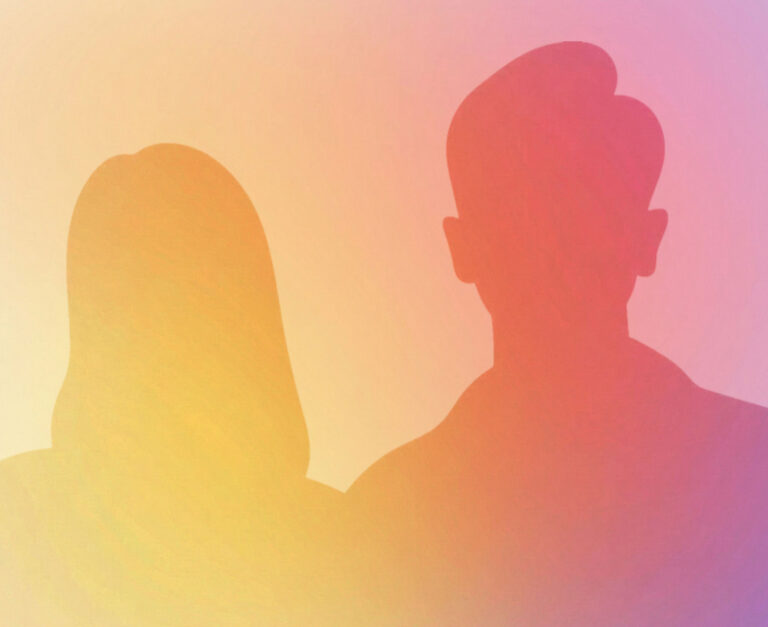 Two silhouettes, one with long hair and one with short hair, stand side by side against a gradient of pink, orange, and yellow hues, representing unity and diversity at Everbright Legacy Law.