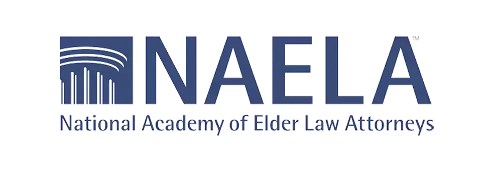 Logo for the National Academy of Elder Law Attorneys (NAELA), featuring a stylized column beside the acronym NAELA and the full name below in blue text, representing expertise in elder law attorney services and Medicaid planning.