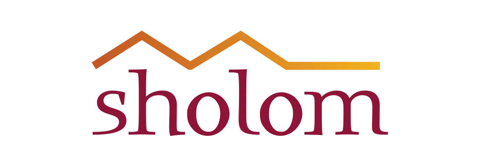 The word “sholom” in bold, maroon lowercase letters with a yellow-orange zigzag line above, resembling rooftops or mountains—reflecting the spirit of estate planning Minnesota—appears on a clean white background.