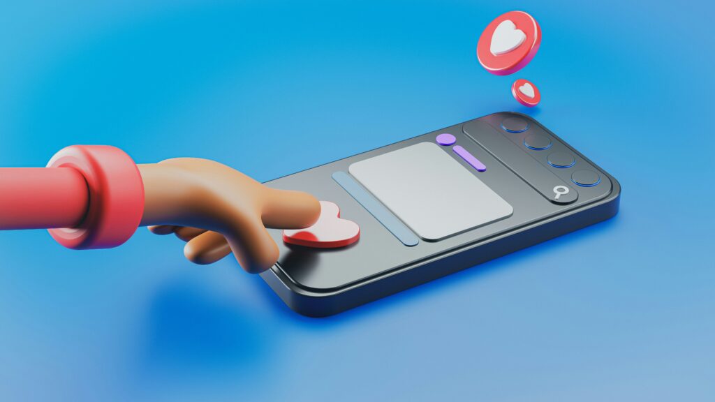 A 3D illustration of a hand pressing a heart-shaped like button on a smartphone screen, with floating heart icons above, set against a blue background—highlighting the theme of digital connection.