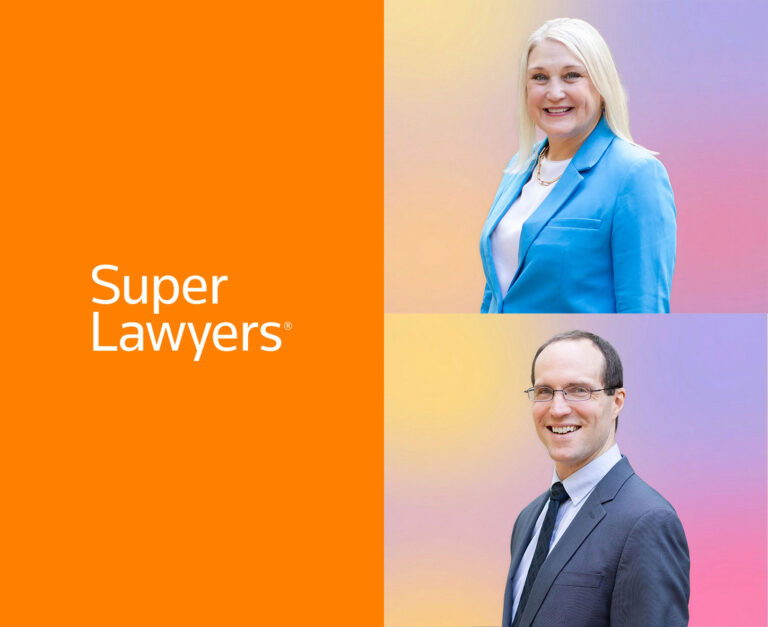 Split image with “Super Lawyers” text on orange background left; right side features two Everbright Legacy Law attorneys—one woman in a blue blazer (top) and one man in a gray suit (bottom)—both recognized as Minnesota Super Lawyers.