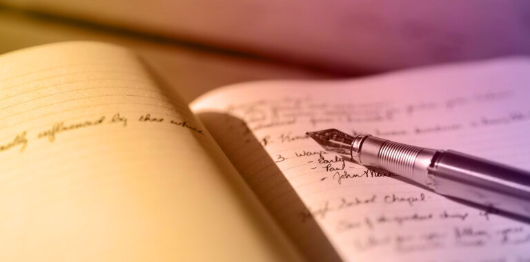 A close-up of an open notebook with handwritten notes and a fountain pen resting on the page. The background is softly blurred, and warm light highlights the scene.
