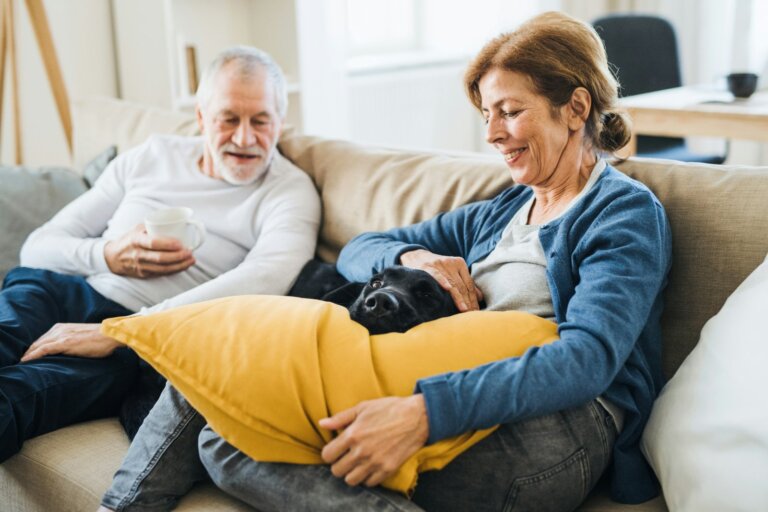 Smiling senior couple relaxing on a sofa at home with their dog