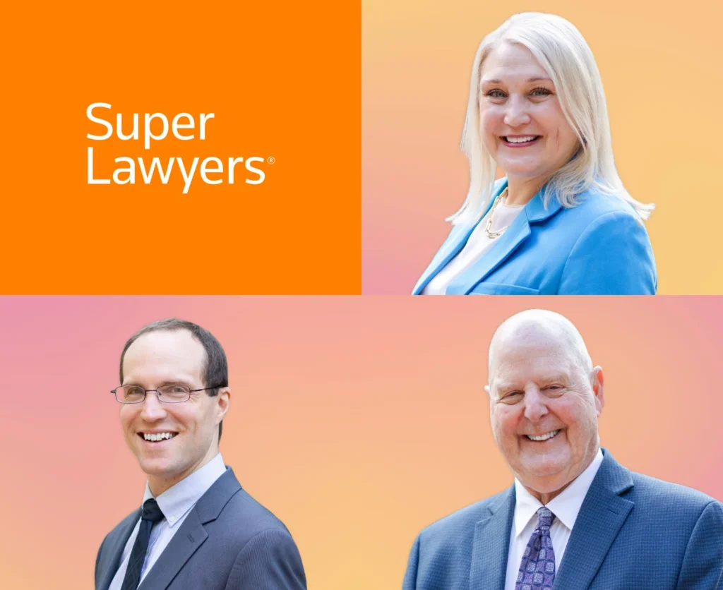 Sarah Sicheneder, Noble Simpson and Randy Boggio beside the Super Lawyers logo